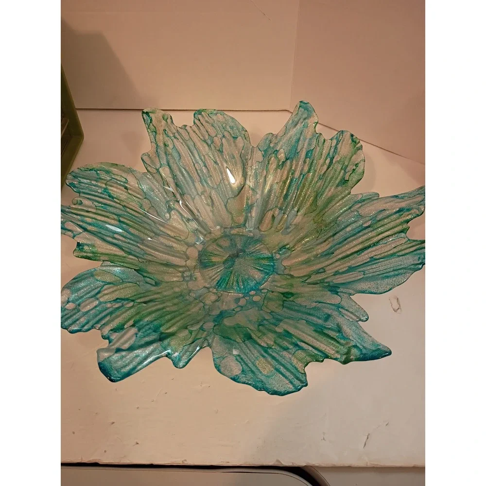 Teal and Silver Glitter Glass Flower Centerpiece Bowl Decorative Scalloped Dish